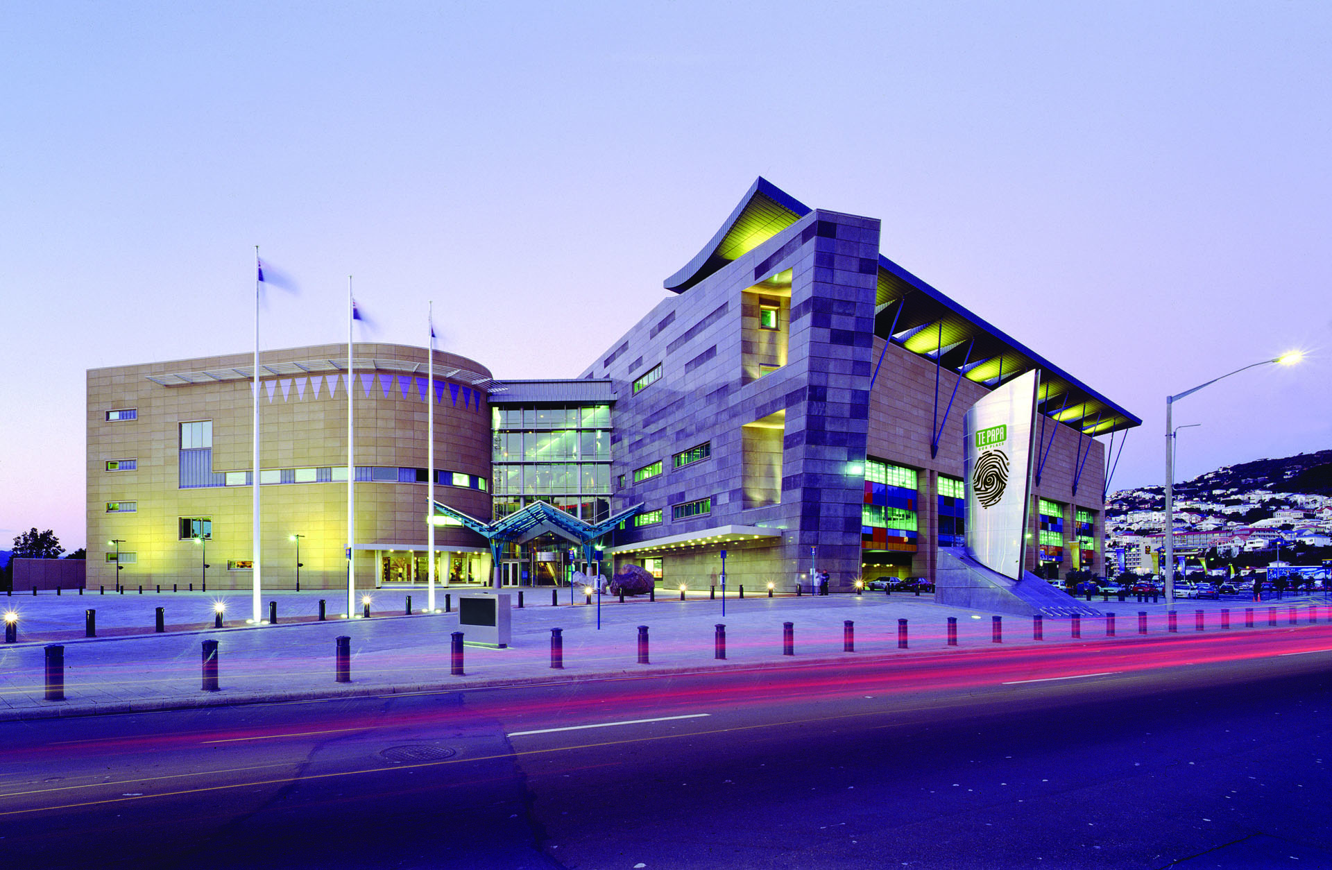 Te Papa at dusk, 2015. Photo by Te Papa Imaging - Project management